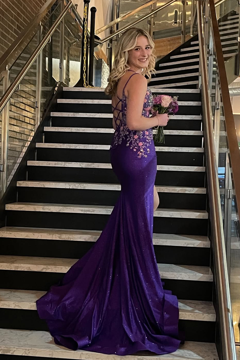 Gorgeous Mermaid V Neck Purple Satin Prom Gown