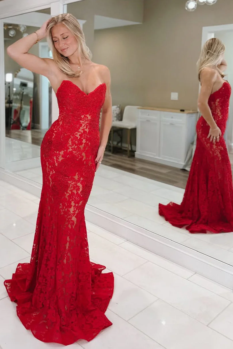 Glamorous Red Sweetheart Lace Mermaid Long Prom Dress
