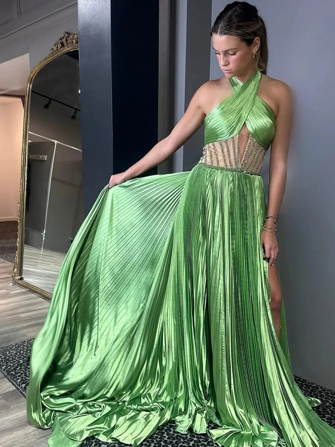 Green Pleated Satin Prom Dress with Slit Halter Neck Beaded Sheer