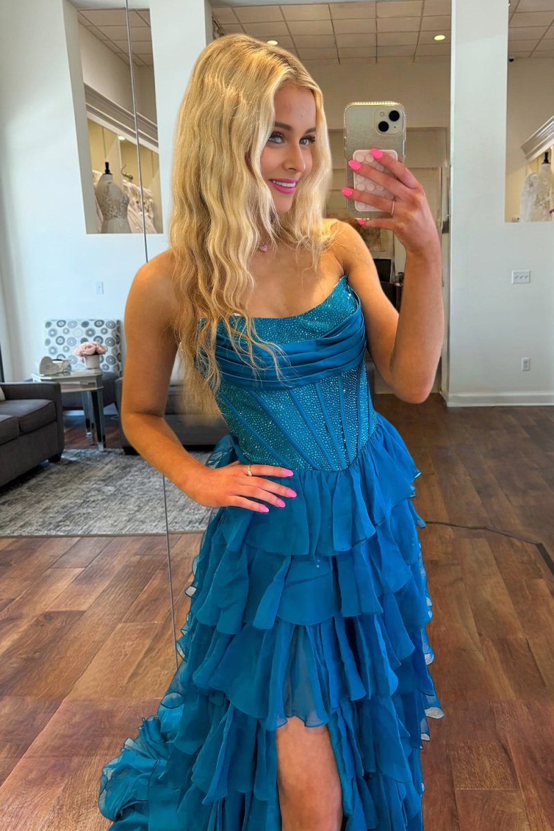 A Line Strapless Chiffon Beaded Corset Long Prom Dress With Slit