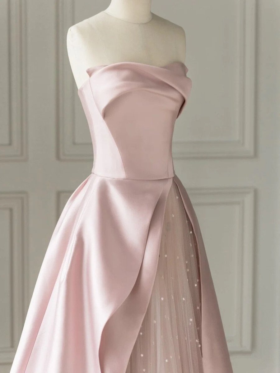 Pink Satin A-Line Floor-Length Evening Gown with Slit Strapless Prom Dress