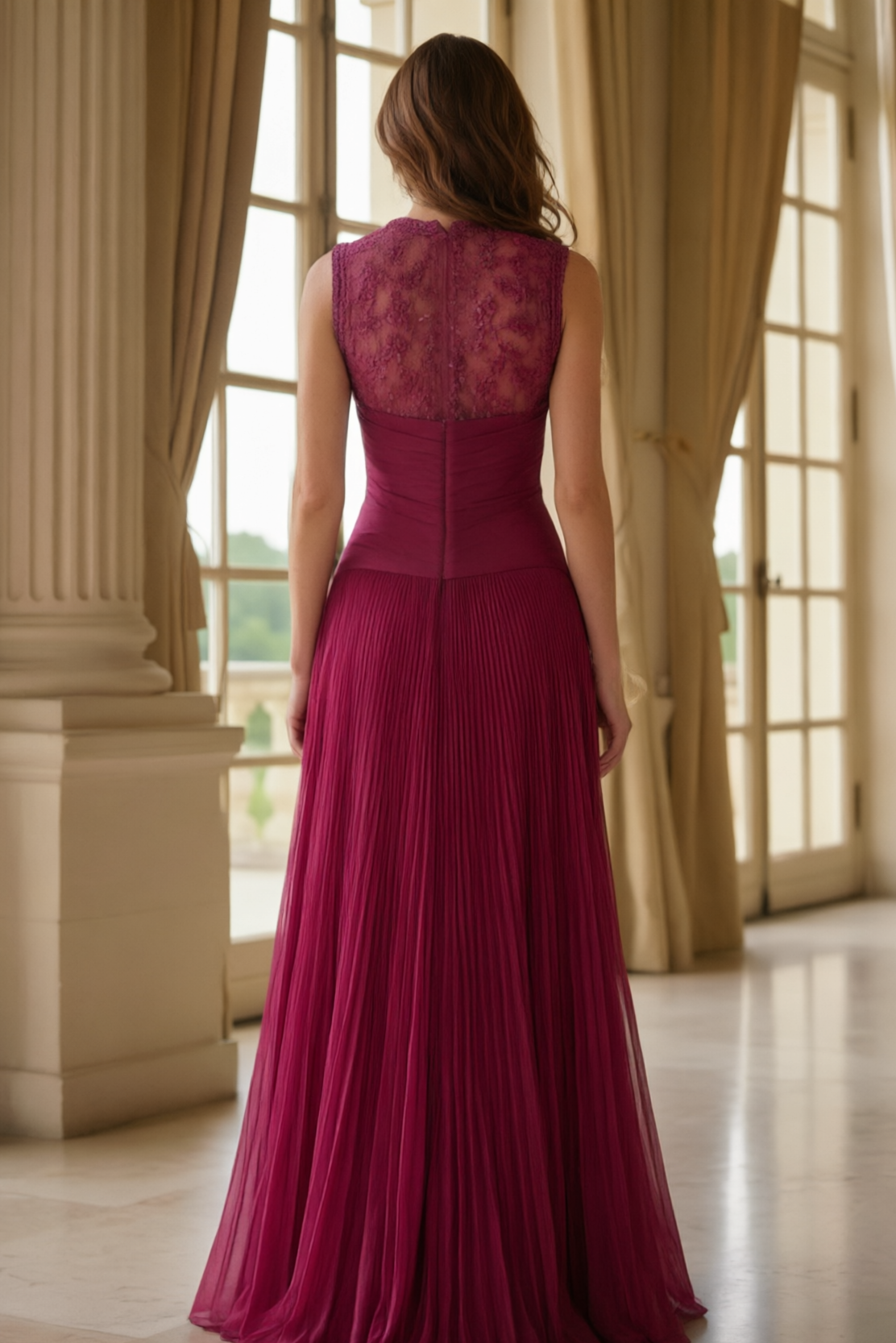 Beaded Illusion Bodice Pleated A-Line Evening Gown