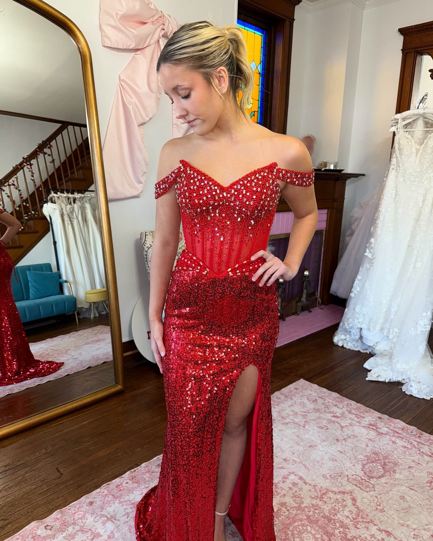 Beaded Red Off the Shoulder Sequins Mermaid Side Slit Prom Dress