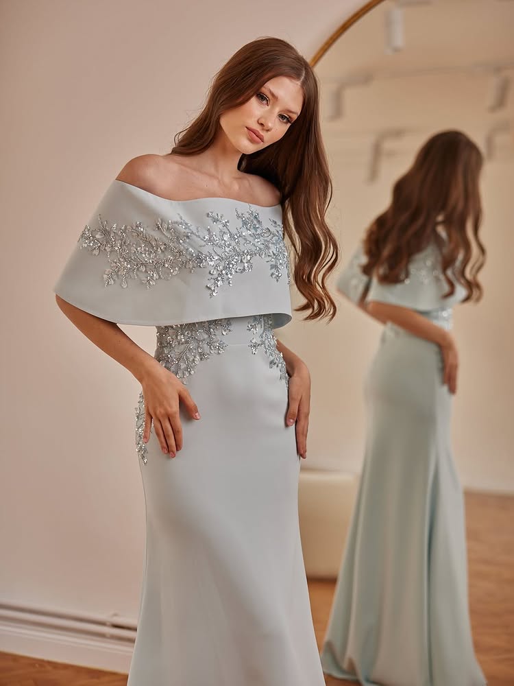 Off the Shoulder Mermaid Sequins Applique Floor-Legth Evening Dress