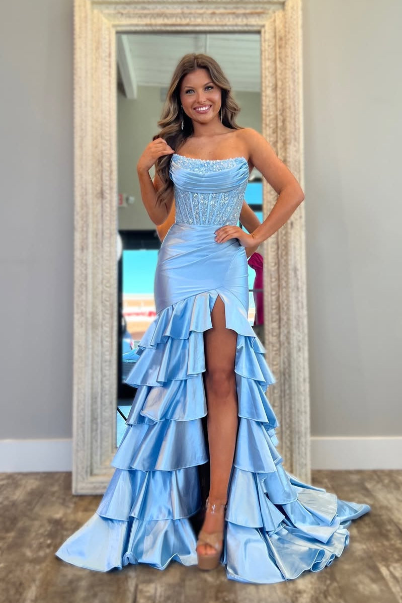 Cute Mermaid Strapless Pink Satin Slit Prom Dresses with Appliques