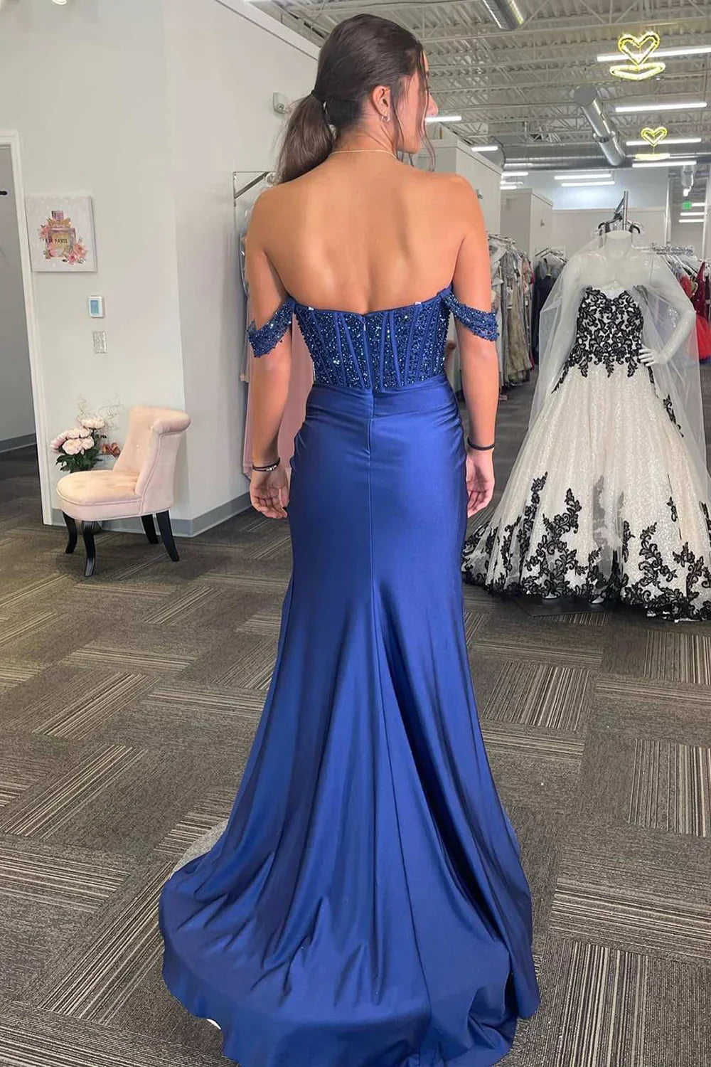 Navy Blue Prom Dresses Corset Off The Shoulder with Slit
