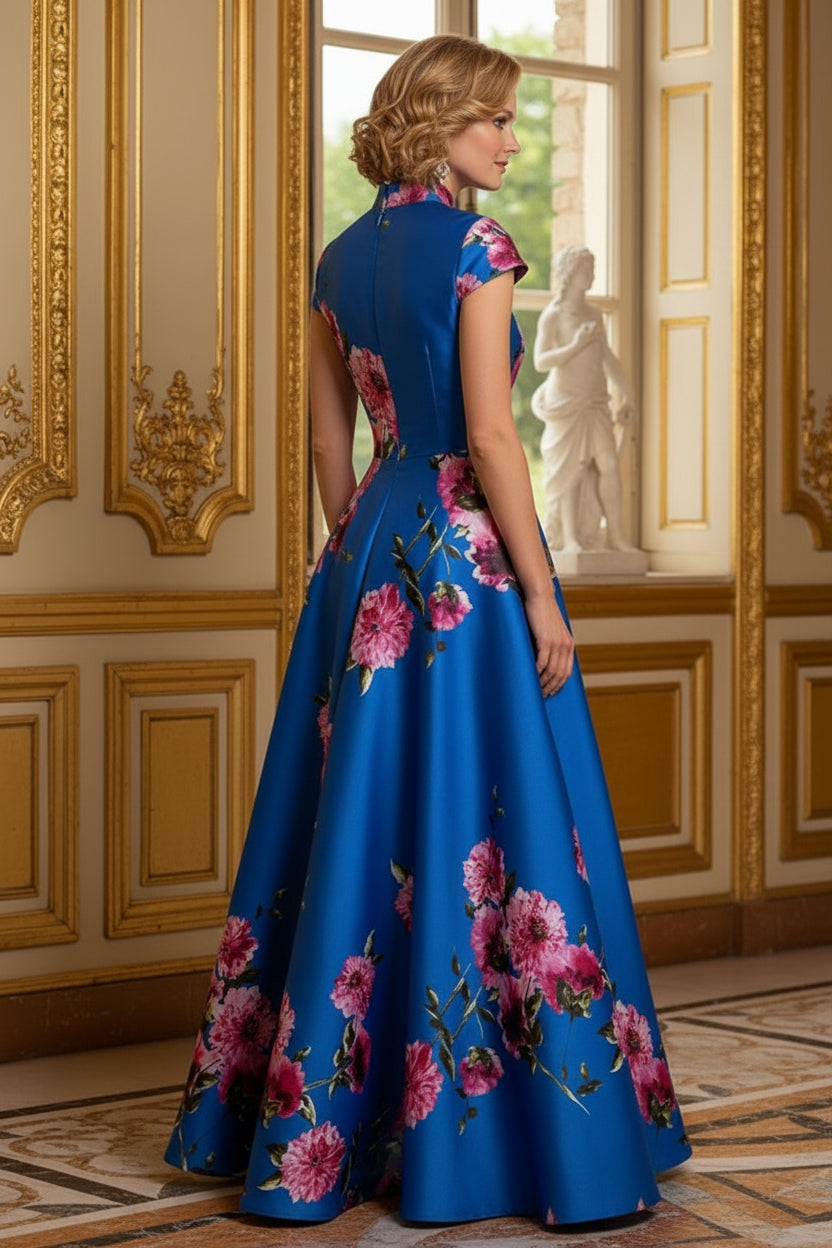Floral Mandarin Collar A-Line Evening Gown