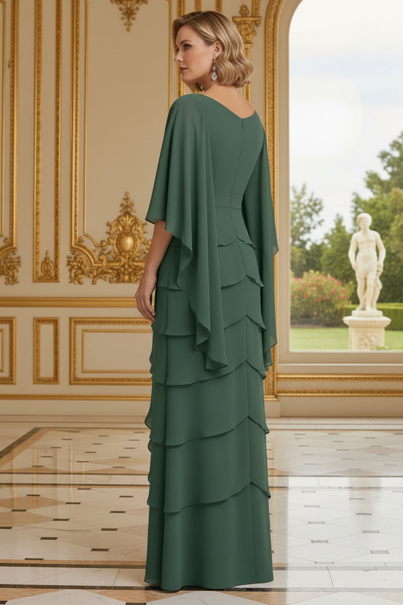 Tiered Chiffon Gown with Cape Sleeves