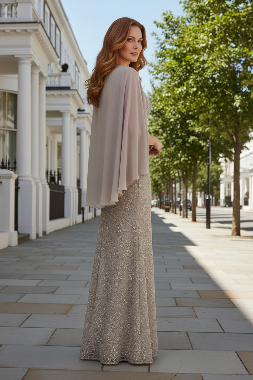Lace Sheath Gown with Sheer Cape Sleeves