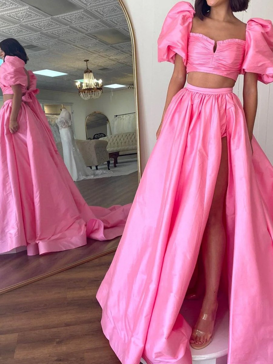Two-Piece Sweetheart Puff-Sleeves Pleated Satin Long A-Line Prom Dress with Slit