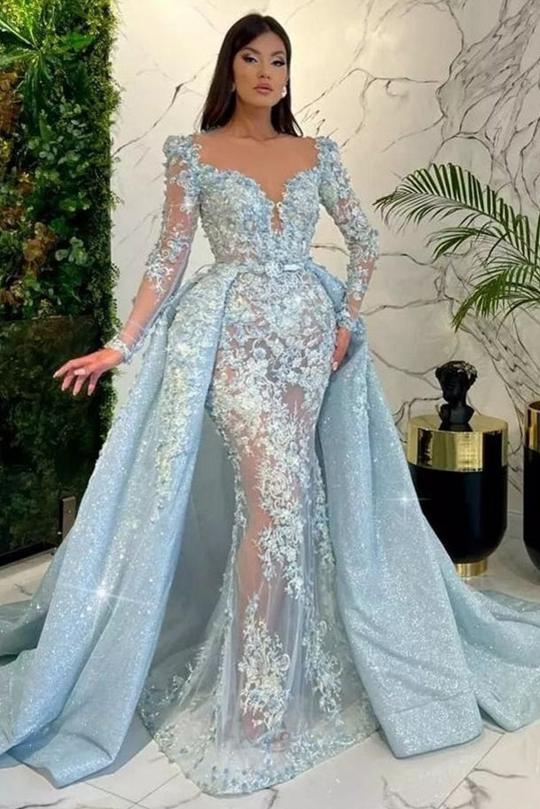 Mermaid V-neck Long Sleeve Lace Applique Prom Dress