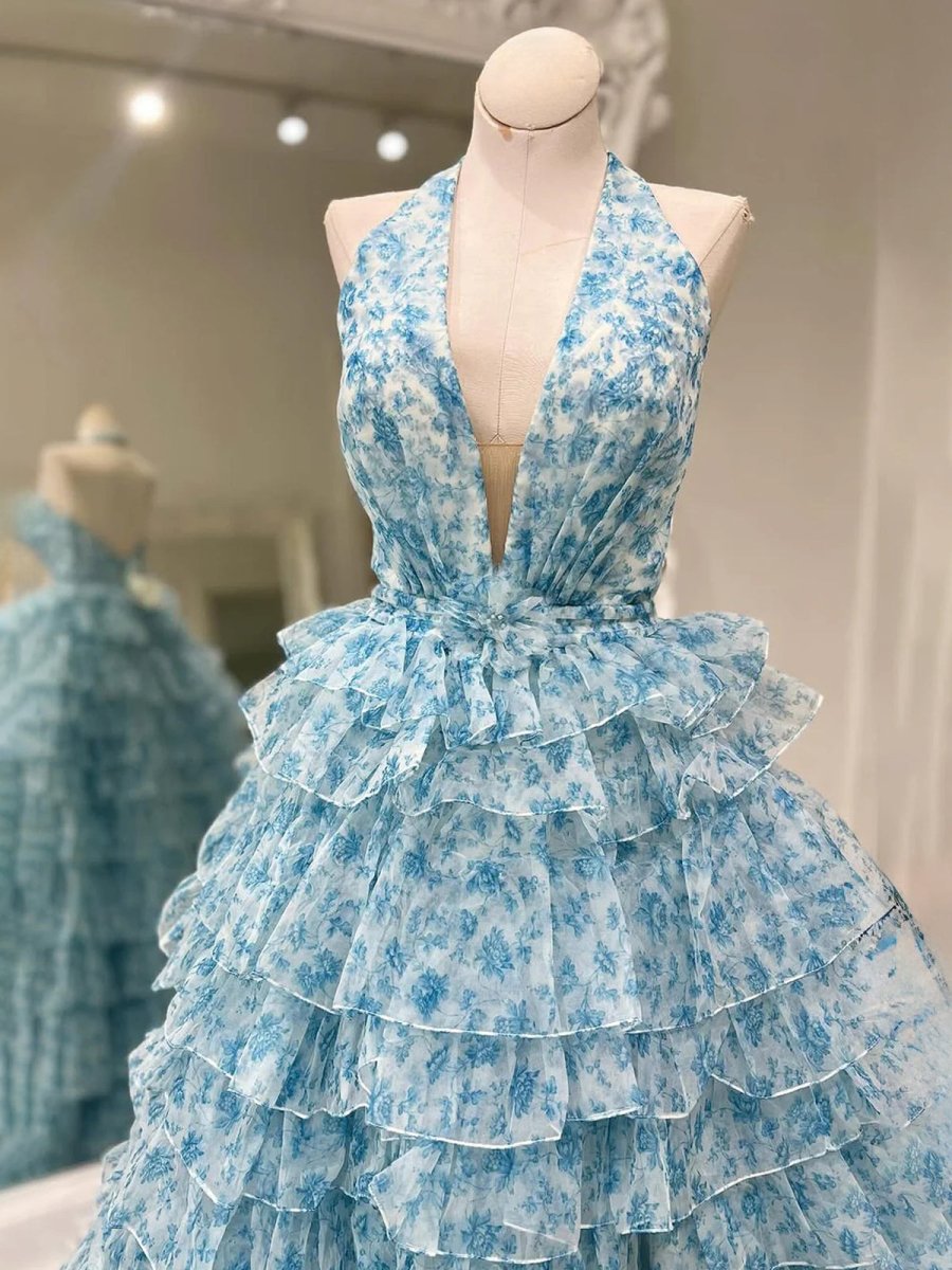 Pink Halter Tulle Printed Ruffle Tiered A Line Prom Dresses
