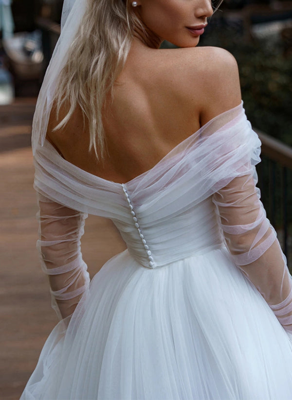 Off-The-Shoulder Long Sleeves Sweep Train Tulle Wedding Dress
