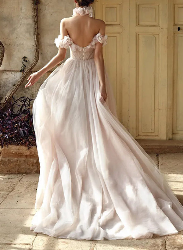 Off-The-Shoulder Tulle Flowers Wedding Dresses Romantic
