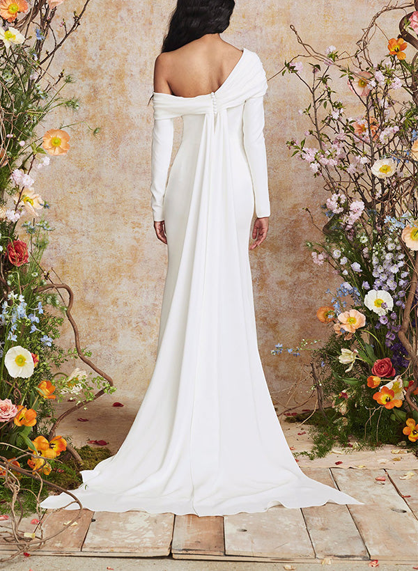 One-Shoulder Sheath Fitted Wedding Dress Long Sleeves Sweep Train