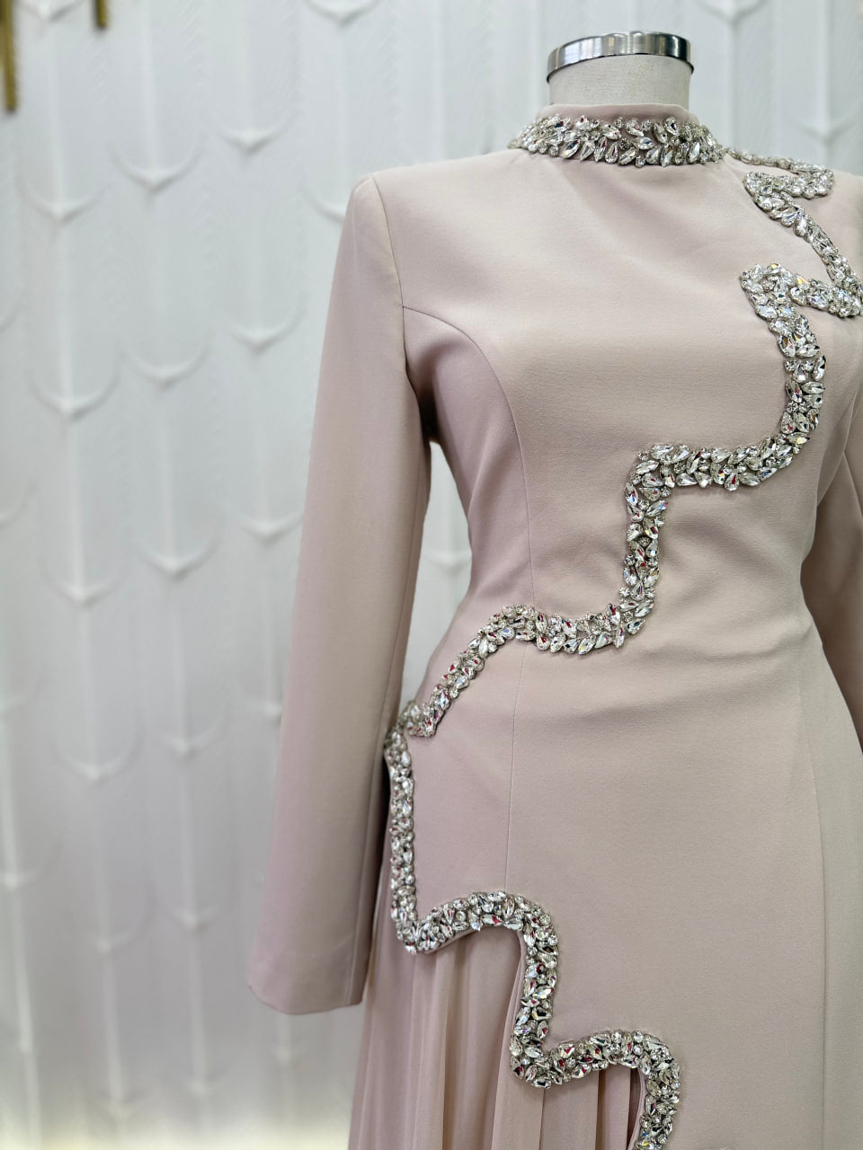 Dusty Rose Beaded Cascade Evening Gown