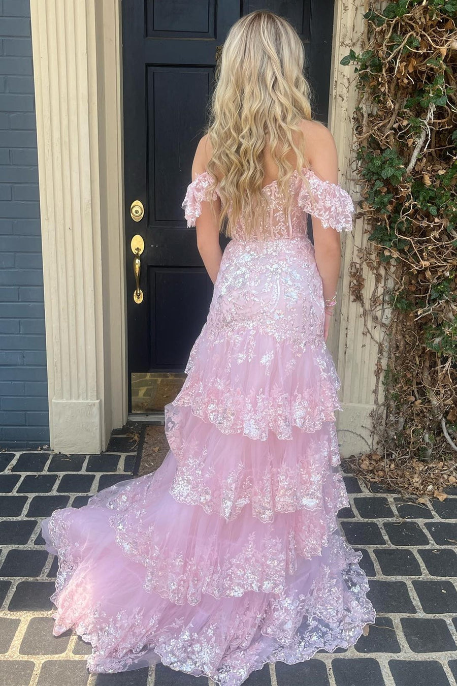 Pink Glitter Prom Dress Ruffle Tiered Appliques with Flutter Sleeves