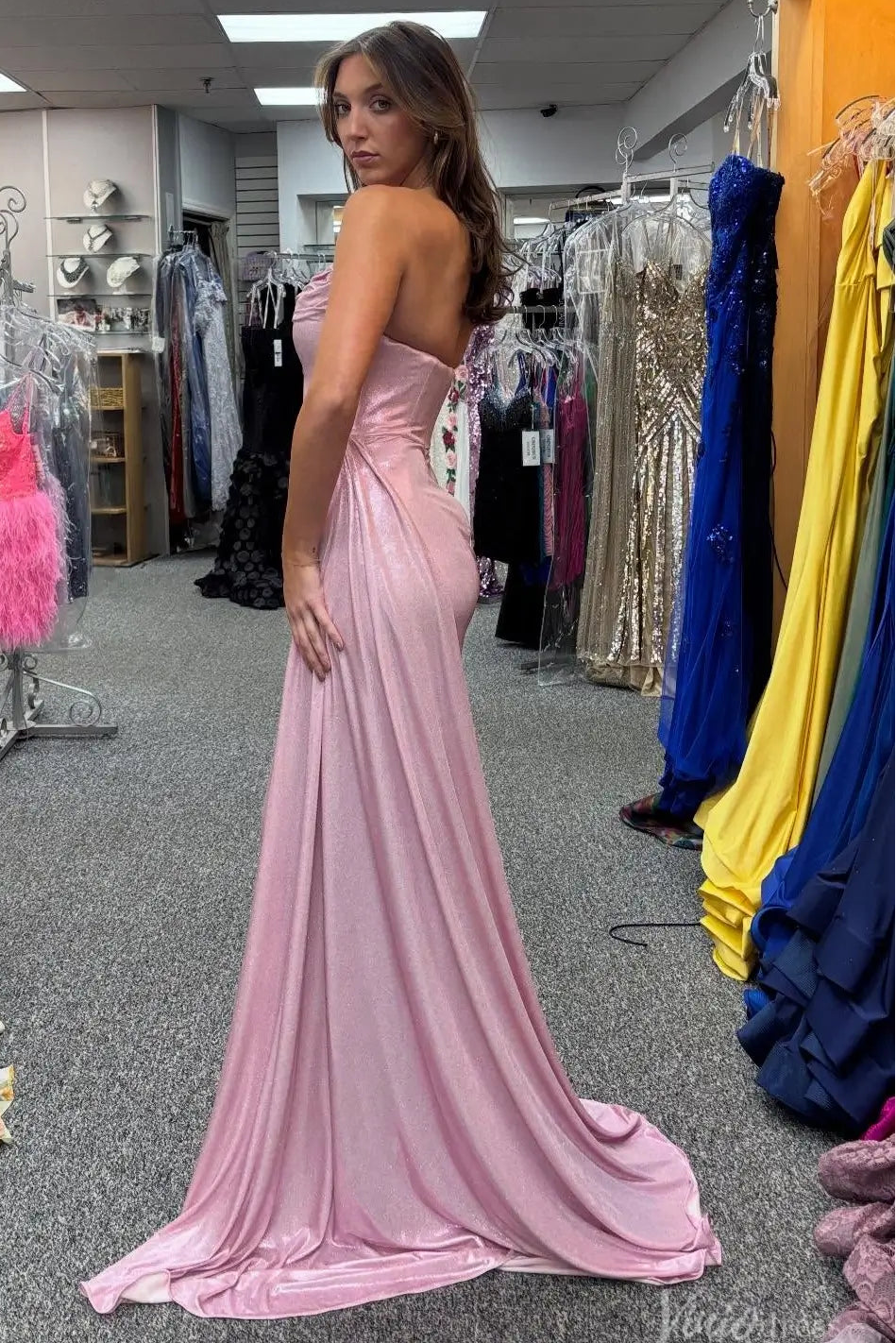Pink Strapless Satin Mermaid Prom Dress with High Slit