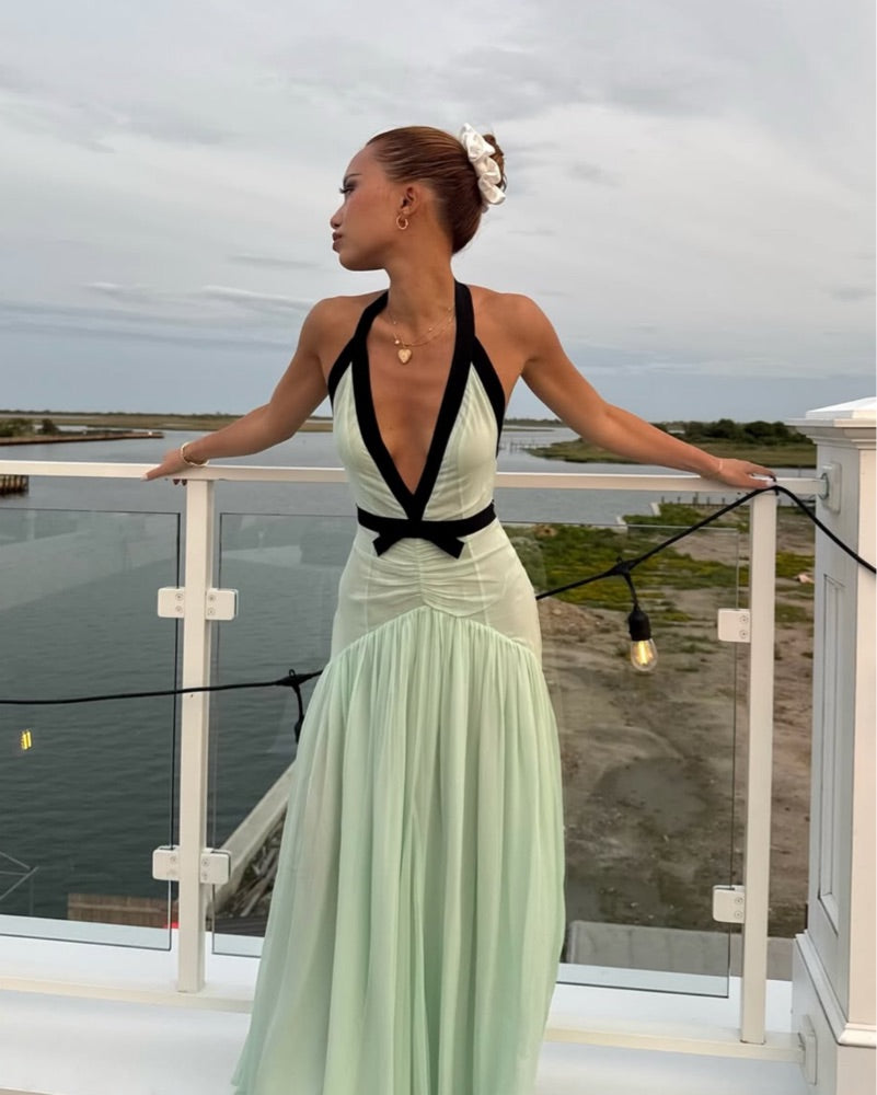 Mint Halter Chiffom Floor Length Prom Dress