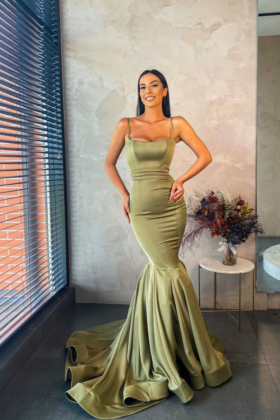 Spaghetti Straps Chiffon Green Mermaid Evening Dress Long