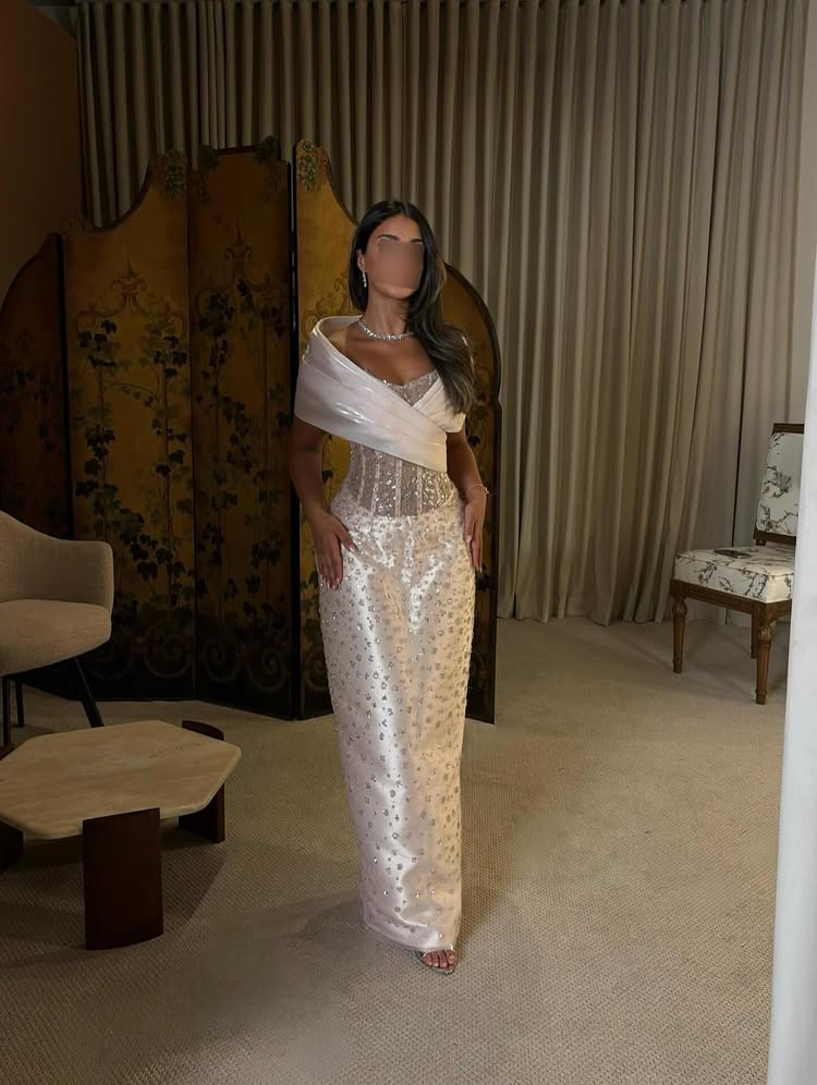 Luxury Off the Shoulder Mermaid Sheer Beaded Evening Dress Floor-Length