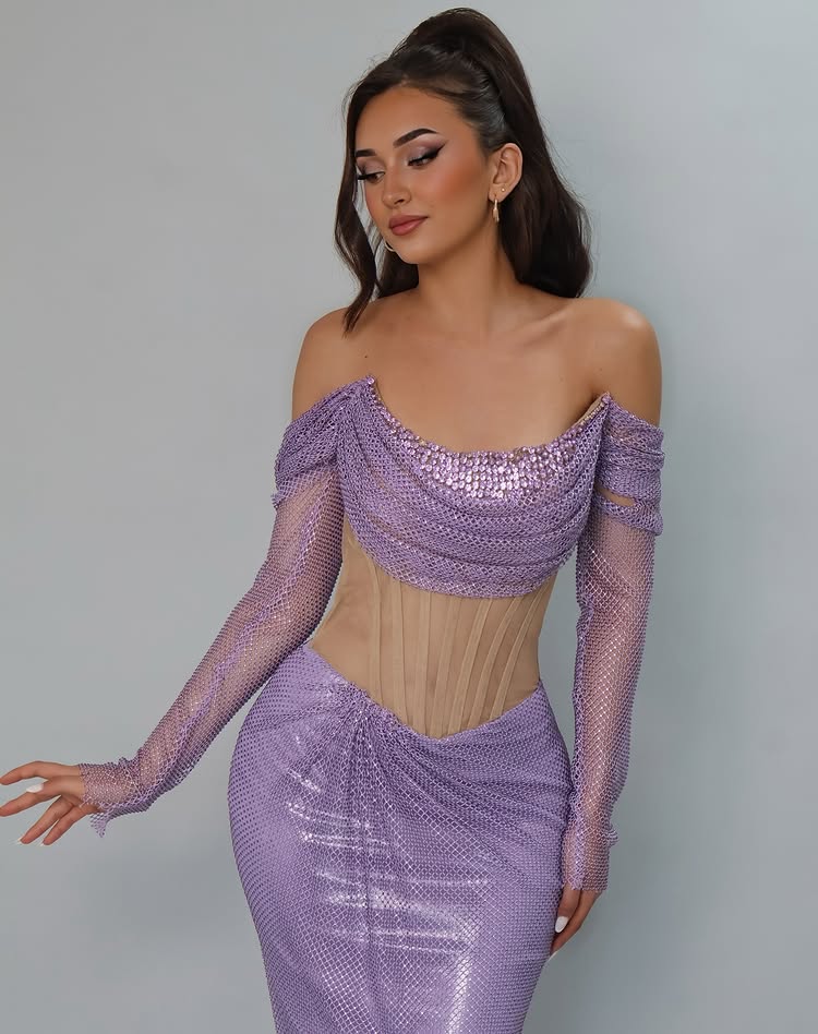 Off the Shoulde Purple Long Sleeve Mermaid Sheer Sequins Prom Dress
