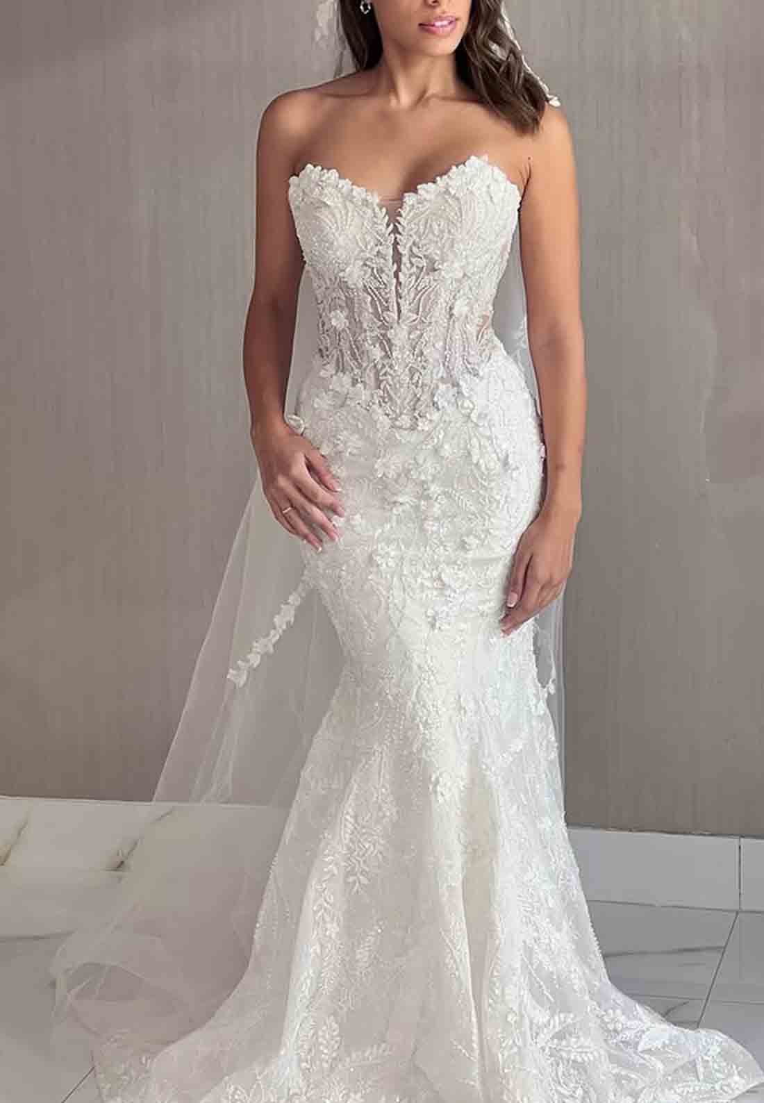 Appliqued Strapless Detachable Sweetheart A-Line Empire Court Train Wedding Dresses