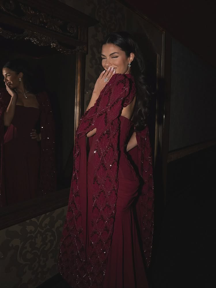 Red Cape Sleeve Sequins Sparkle Mermaid Evening Dress