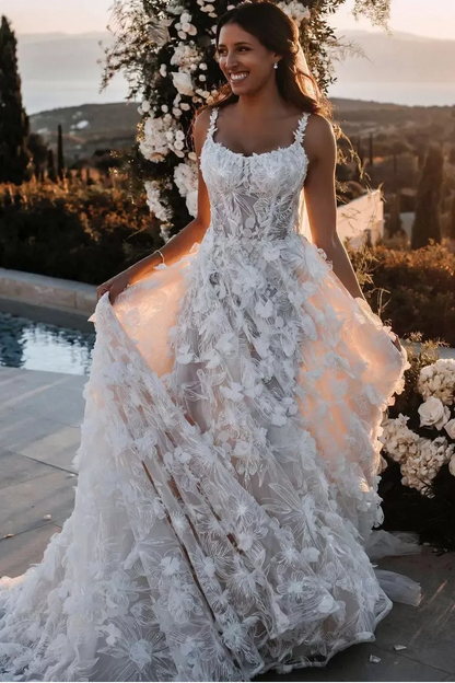 Scoop-Neck Spaghetti Straps Floral Embellished Applique Wedding Dress