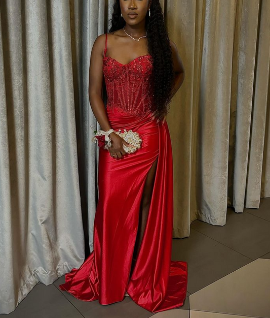 Stunning Red Long Prom Gown Evening Dress With Split