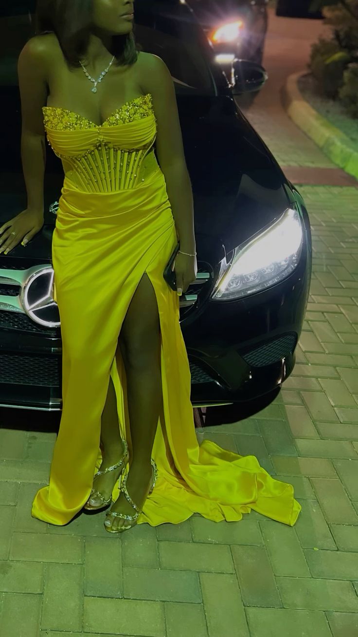 Yellow Mermaid Long Prom Dress Evening Party Dress With Slit