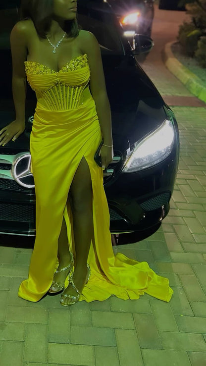 Yellow Mermaid Long Prom Dress Evening Party Dress With Slit