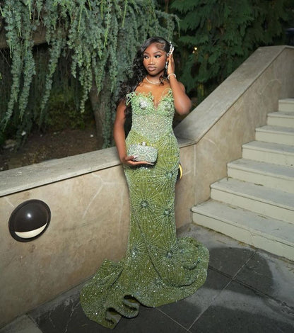 Gorgeous Green Beaded Prom Dress Long Sweetheart Evening Dress