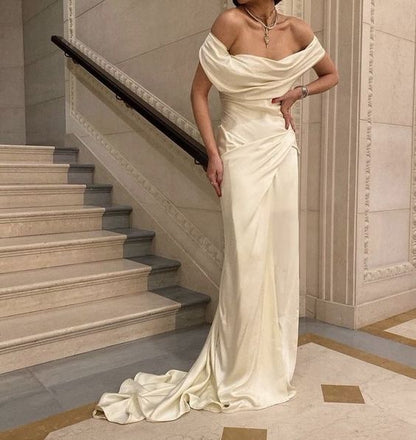 Vintage Mermaid Off The Shoulder Long Satin Wedding Dress