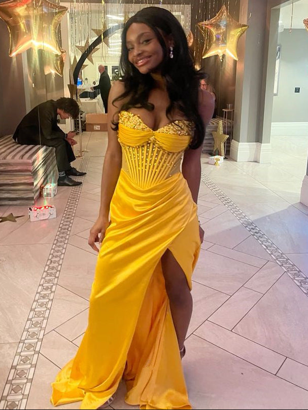 Yellow Mermaid Long Prom Dress Evening Party Dress With Slit