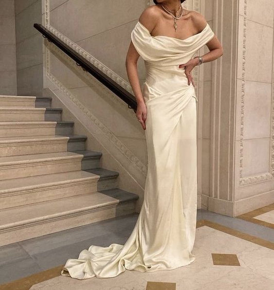Vintage Mermaid Off The Shoulder Long Satin Wedding Dress