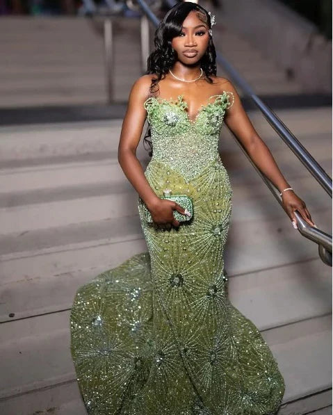 Gorgeous Green Beaded Prom Dress Long Sweetheart Evening Dress