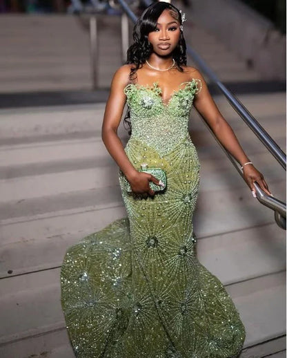 Gorgeous Green Beaded Prom Dress Long Sweetheart Evening Dress