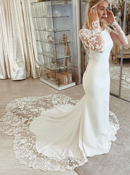 Chapel-length Petal Train Low Back Stretch Crepe Wedding Dress
