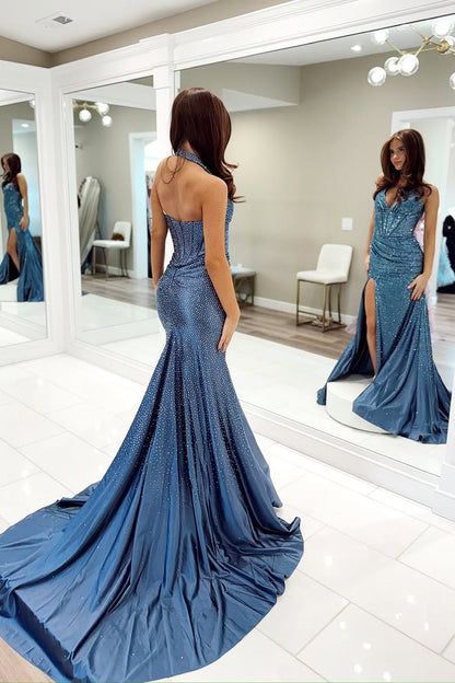 Halter V-Neck Beaded Long Mermaid Prom Dress Off-Shoulder Pleated Satin Sweep Train Party Gowns