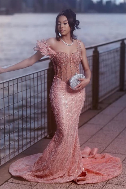 Coral Pink Sweetheart Straps Mermaid Prom Dress With Beadings