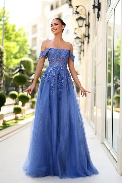 Dusty Blue Glittery Off-The-Shoulder Embroidery Prom Dress