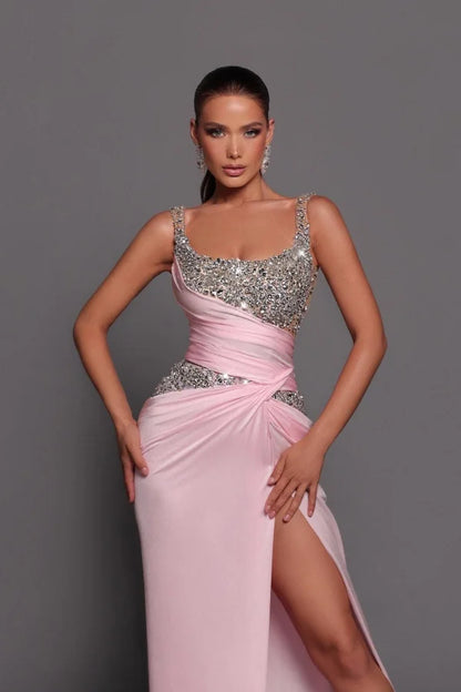 Blushing Pink Beaded Split Prom Dress