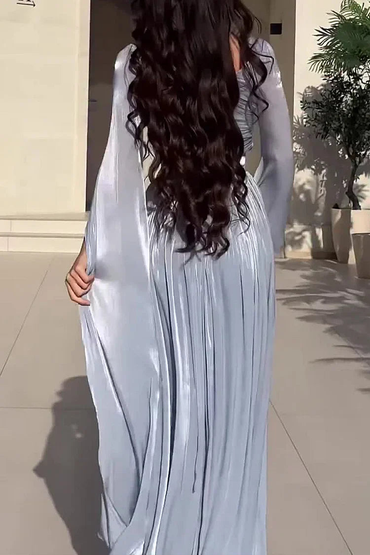 Ruched Irregular Neck Slit Long Sleeve Lace Up Cinch Waist Party Maxi Dresses