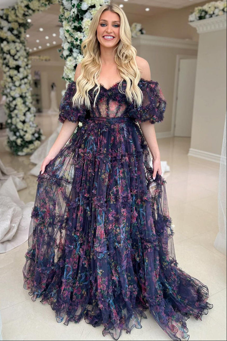 Flowy A Line Off the Shoulder Ruffle Prom Dress