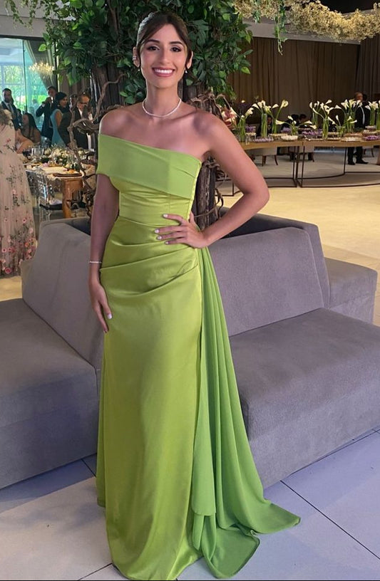 Simple Sheath One Shoulder Satin Sleeveless Green Long Prom Dress