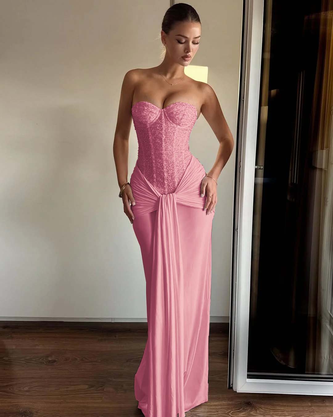 Fashion Sweetheart Prom Dress Sleeveless Pleated with Sequins