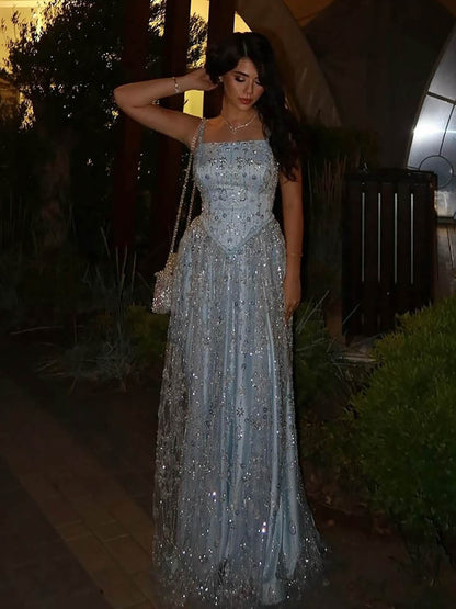 Sparkly Beaded Evening Dress Spaghetti Strap Formal Prom Dress