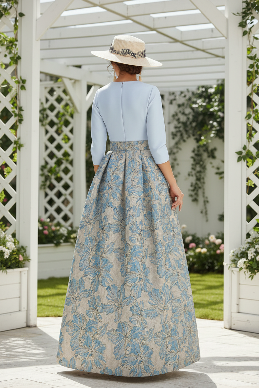 Elegant Floral Jacquard A-Line Maxi Dress with Blazer Bodice | Mother of the Bride