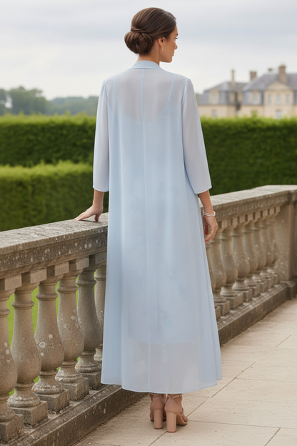 Light Blue Floral Embroidered Satin Sheath Dress with Chiffon Jacket – Mother of the Bride Two-Piece Set